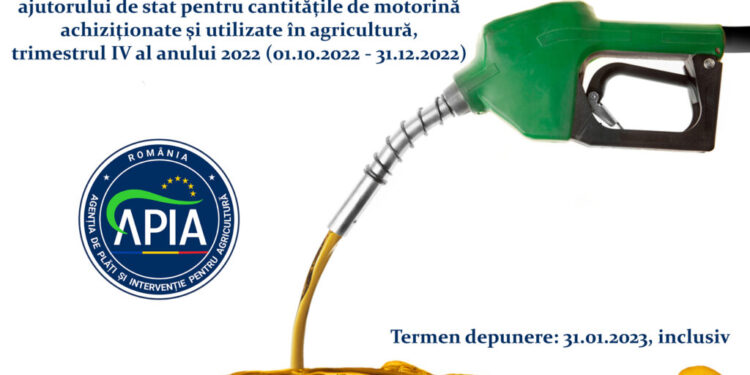 APIA primește cererile de plată pentru rambursarea ajutorului de stat pentru cantităţile de motorină aferente ultimului trimestru al anului 2022